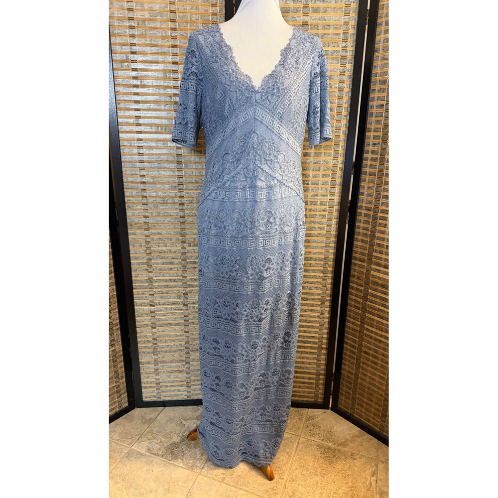Adrianna Papell Lace Maxi Dress Womens 12 Blue Beaded Floral V-Neck Formal Gown